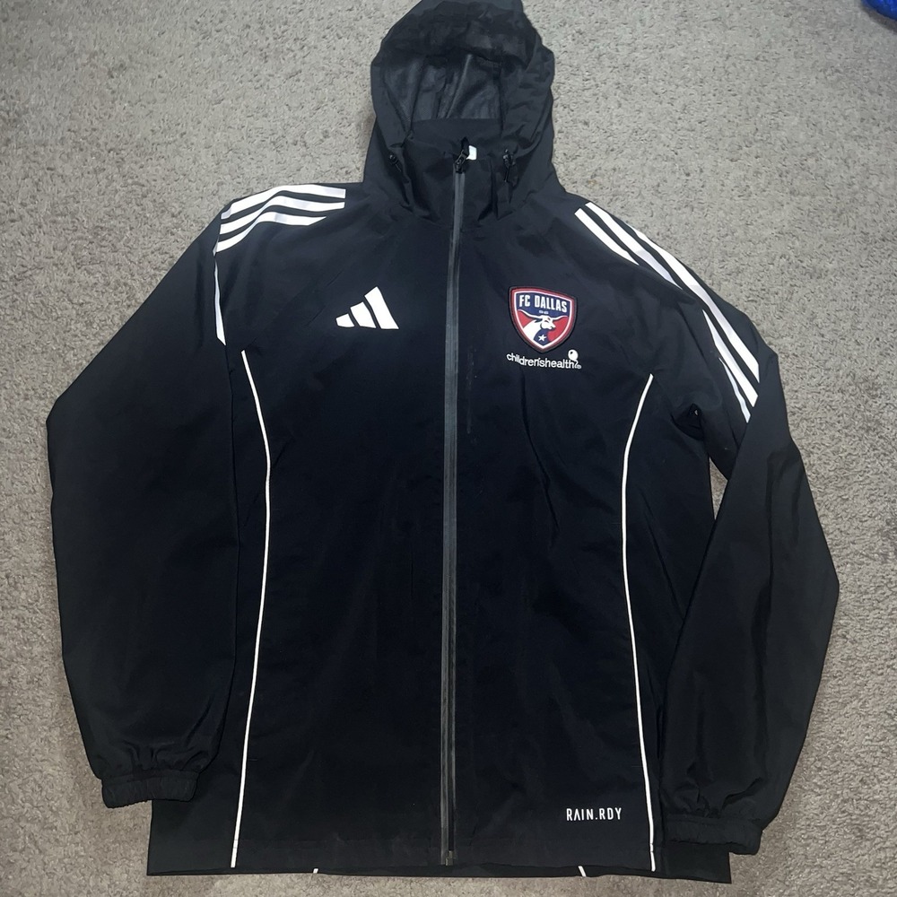 FC Dallas Jacket Mens Small Black MLS Soccer Adidas Hooded Rain.RDY Windbreaker